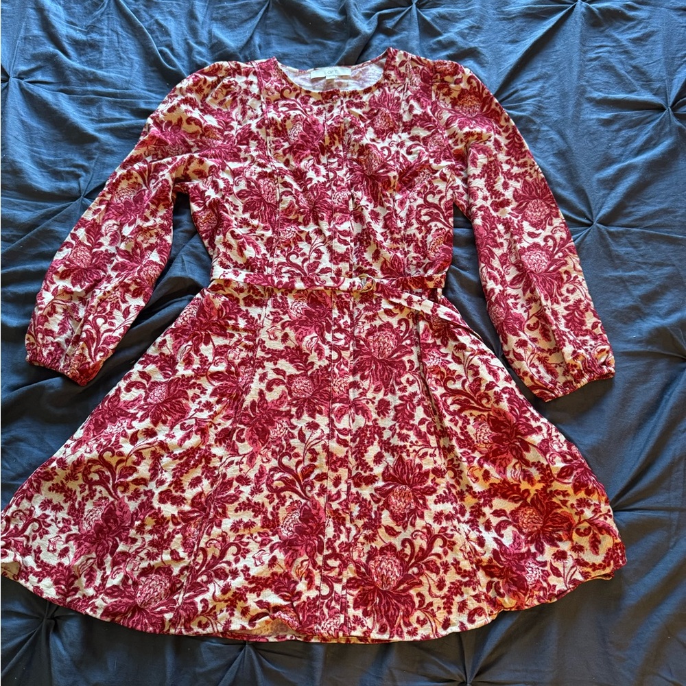 LOFT Burgundy and Cream Floral Dress